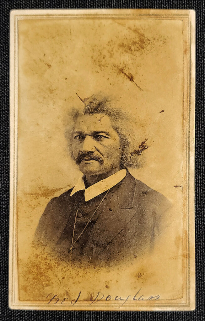 Ball & Thomas Studio, _Frederick Douglass_, 1867. Carte de visite, 4 × 2½ inches. Courtesy of Cincinnati Museum Center CMC Ball Thomas 1 J P Ball059 A AFTER CONSERVATION August 2022 300dpi JPG, FotoFocus Cincinnati